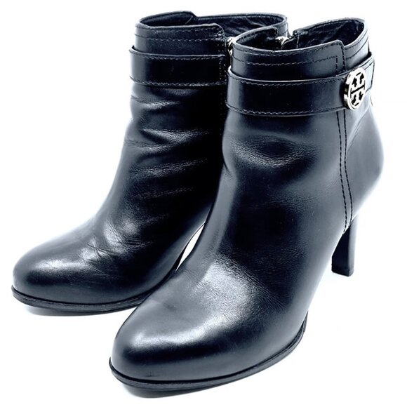 TORY BURCH~Bristol~EQUESTRIAN HIGH HEEL BOOTIE BLACK CALF LEATHER NEW SIZE 7M - Picture 1 of 7